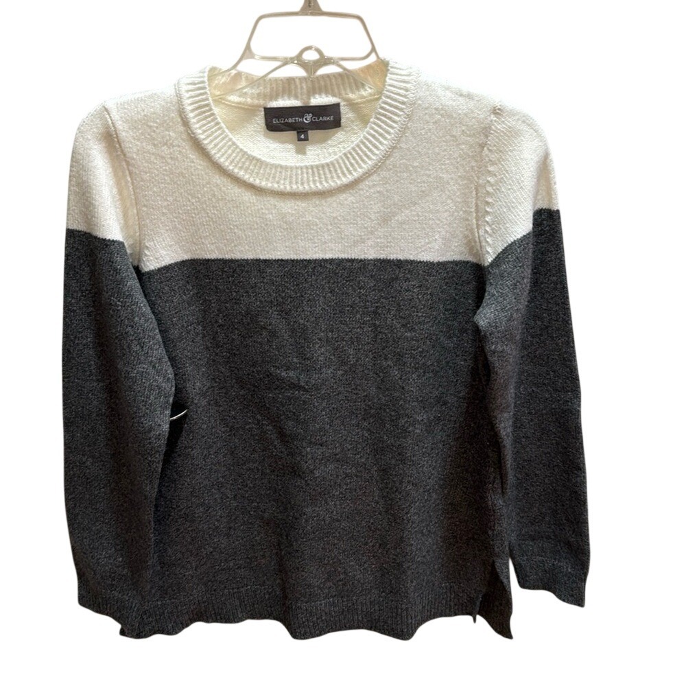 Elizabeth and Clarke Womens Colorblock Crewneck Sweater Gray Ivory Size 4